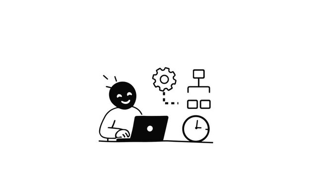 Animated character using laptop for business workflow and time management. Simple line art motion graphic for project planning, productivity, and organization concept.