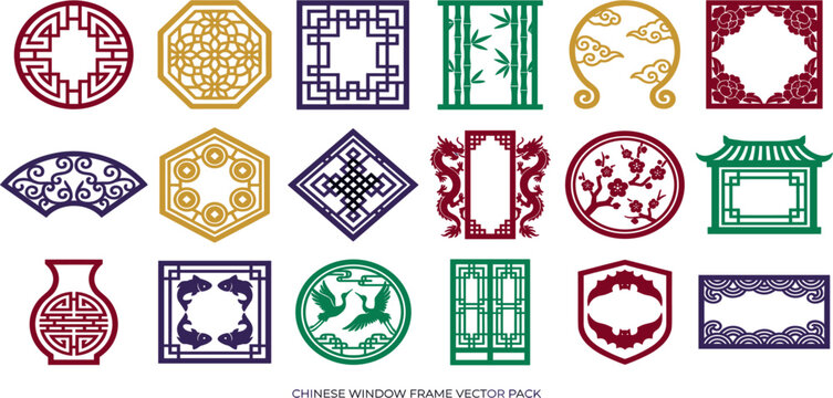Traditional Chinese Window Frame Vector Collection Featuring Asian Decorative Borders, Oriental Geometric Patterns, Floral Elements, Cultural Symbols, and Vintage Architectural Designs