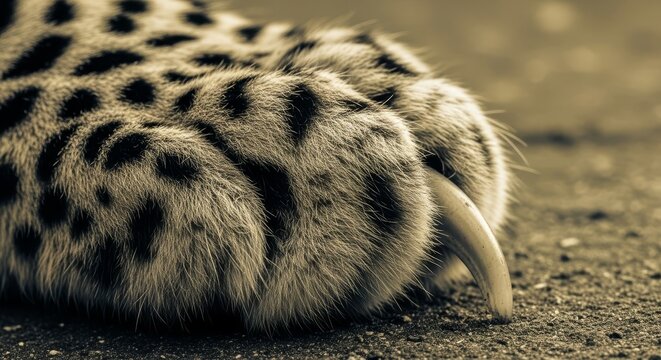 Close-up macro photograph of a leopard's paw and sharp retractable claw, showcasing detailed fur texture and spotted pattern