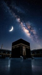 Obraz premium Kaaba in Mecca under a beautiful night sky with the crescent moon and the bright milky way galaxy