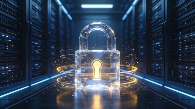 Futuristic cybersecurity data protection lock inside secure server room with encrypted digital network technology, idea for cloud security infrastructure and enterprise IT defense