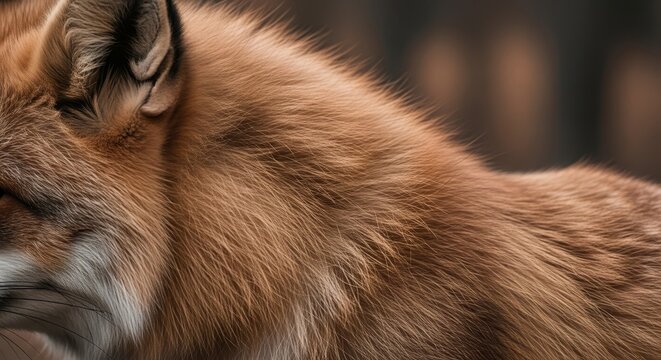 Detailed close-up of rich red fox fur texture with soft amber and brown hues showcasing natural animal coat details