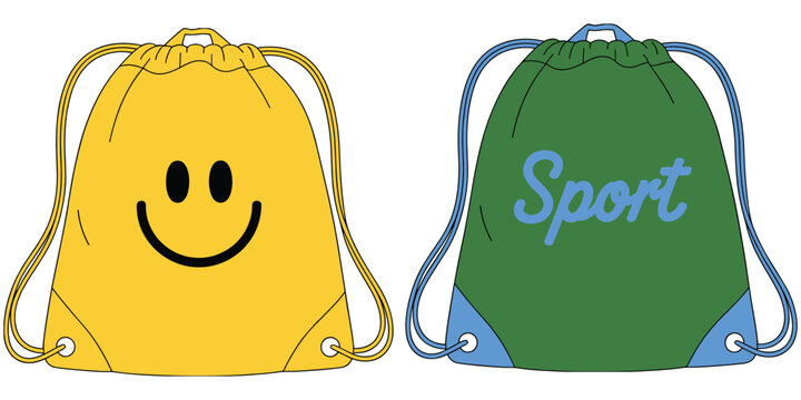 Two drawstring bags with smiley face and sport text design showing casual and athletic style artwork concept illustration, flat vector illustration