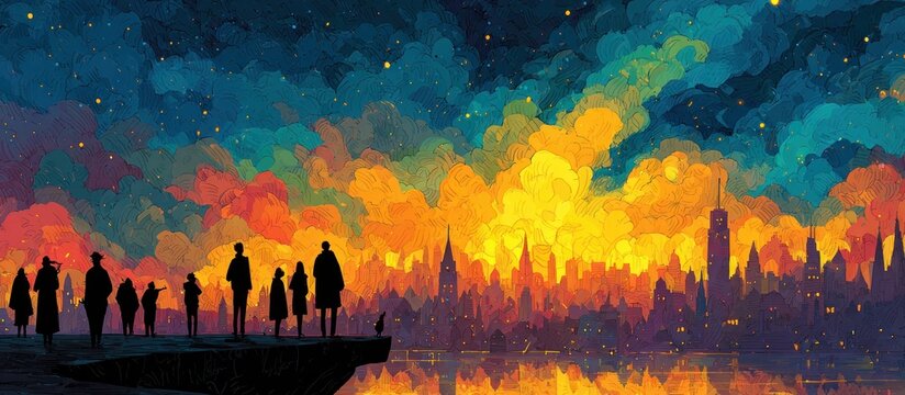 Silhouetted figures gaze at a fiery skyline reflected in calm water, stars above