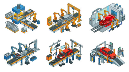 Fototapeta premium Automotive Factory and Car Assembly Line Isometric Vector Illustration Set