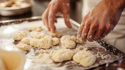 Fototapeta premium Hands shaping cookies on baking sheet in kitchen