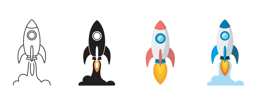 Rocket icon set, upward launch startup growth symbols, business innovation and space shuttle takeoff elements, flat and colorful vector illustration pack