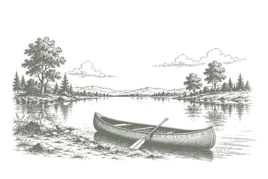 Classic hand drawn line art vector illustration of a traditional canoe with a paddle resting on a calm lake shore lined with green trees
