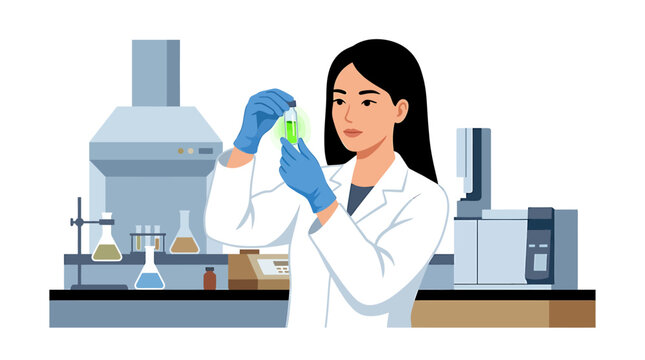 Female Toxicologist Holding Vial with Green Liquid