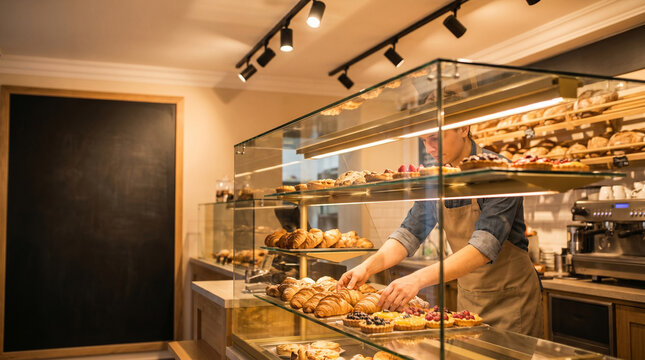 Baker arranging fresh pastries and tarts in modern bakery display case