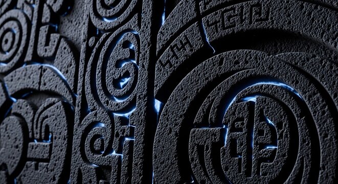 Ancient Stone Carvings with Intricate Swirls and Geometric Patterns.