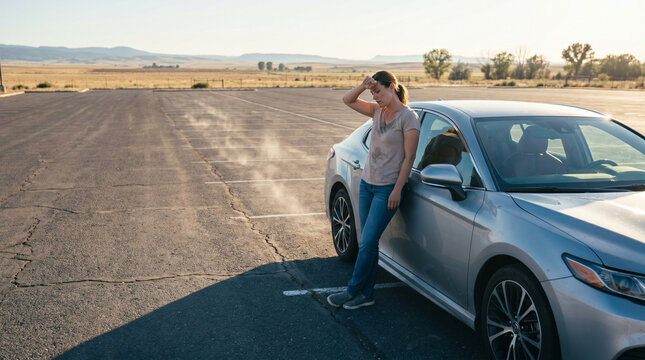 Exhausted rideshare driver slouched in sun-baked car between gig shifts, crumpled earnings printout on dash, empty parking lot shimmering in