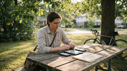 Fototapeta premium Freelance graphic designer at outdoor picnic table, three phones and tablet juggling client apps, no benefits folder visible, summer suburba
