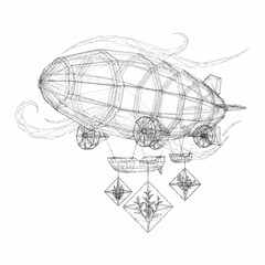 Steampunk airship drawing with intricate details and hanging cargo. © Maonah