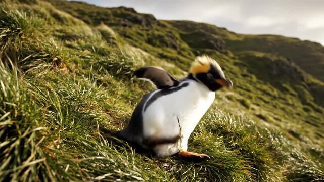 Macaroni Penguin Standing on a Grassy Hillside