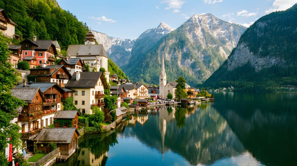 Obraz premium Scenic view of hallstatt village and lake in the austrian alps