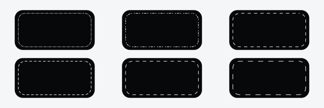 Set of rectangle shapes with dashed lines. Dotted geometric figures isolated on white background. Cut here pictograms for paper coupons or sale tags. Vector outline . EPS 10 .