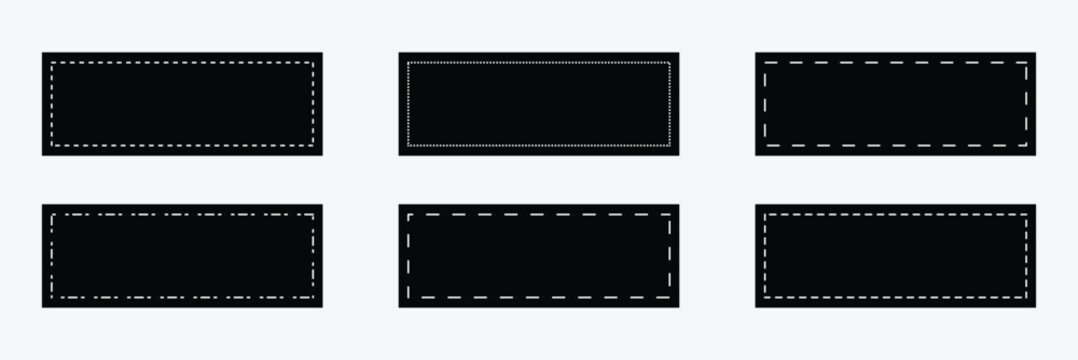 Set of rectangle shapes with dashed lines. Dotted geometric figures isolated on white background. Cut here pictograms for paper coupons or sale tags. Vector outline . EPS 10 .