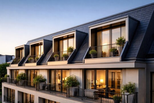 Sleek apartment exterior design highlighting dormer windows against clear sky for marketing campaigns