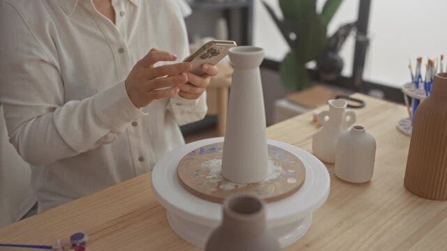 Woman holding smartphone above a tall unglazed ceramic vase on a pottery wheel in a ceramics studio; creative focus.
