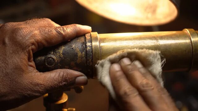 Polishing vintage brass telescope warm light