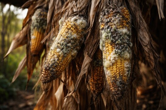 Yellow corn ears hanging from dry leaves detailed with mold in natural farming setting