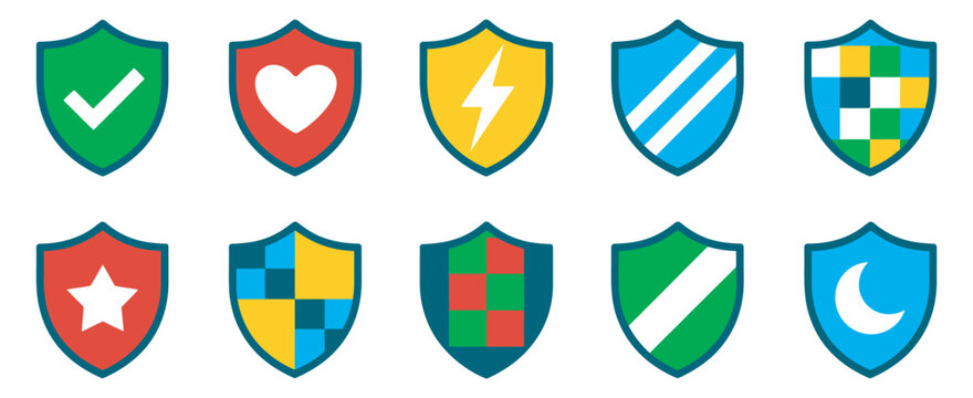 Colorful shield icon set, security symbols check heart lightning star moon, flat vector illustration collection