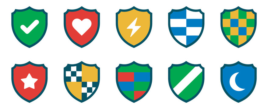 Colorful shield icon set, security symbols check heart lightning star moon, flat vector illustration collection