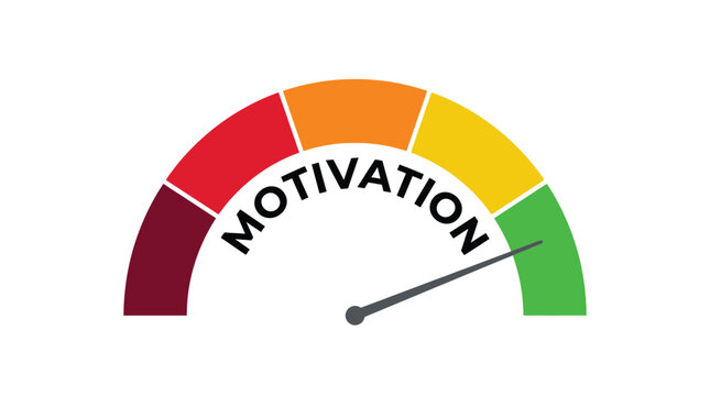 Colorful gauge meter showing high levels of motivation on a clean and bright digital graphic illustration