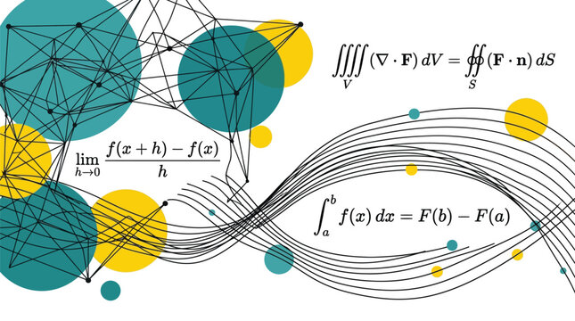 Mathematical formulas and geometric network connections are displayed in this creative abstract digital graphic art image