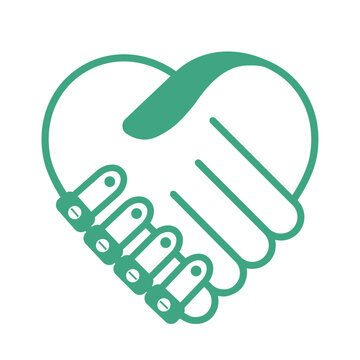 Heart-Shaped Handshake Icon Uniting Human and Technology with Thumb Accent and Robotic Fingers