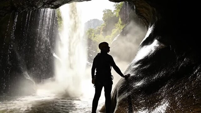 Man in silhouette stands by a roaring waterfall in a cave, ready for canyoneering adventure or rappelling darecation in nature.