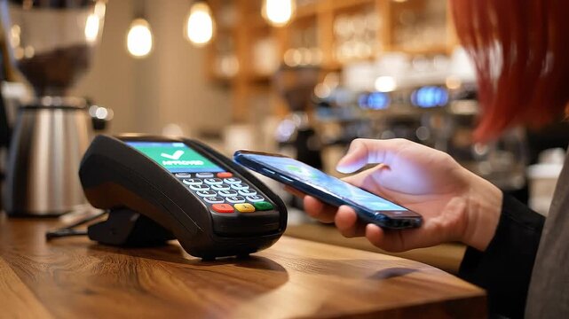 Customer uses smartphone for contactless payment at a cafe counter. Terminal screen displays approved status. Useful for illustrating modern banking, retail technology, and digital finance.