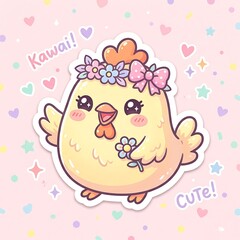 Naklejka premium Kawaii yellow chicken wearing flower crown and pink bow holding flower cute sticker d