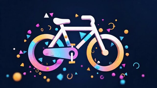 Generate an abstract geometric vector animation for World Bicycle Day using triangle, circle, and polygon elements forming a bicycle icon through dynamic motion transitions. Include rhythmic movement
