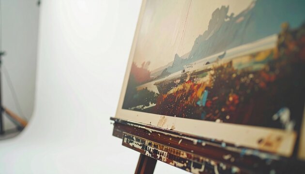 Vintage gum bichromate print artwork in progress on wooden easel with layered colors and brushstrokes