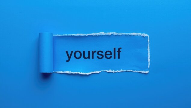 Blue backdrop featuring torn paper with introduce yourself phrase and ample copy space
