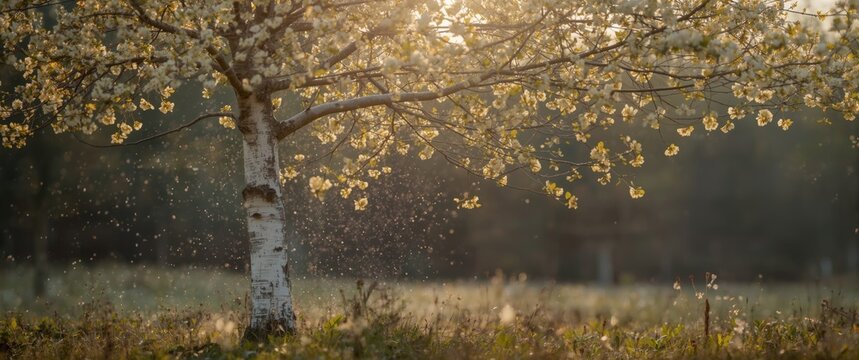 Birch tree spring bloom dispersing pollen for allergy season drug promotion