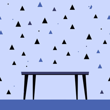 Minimalistischer dunkelblauer Tisch vor hellblauem Hintergrund mit geometrischem Dreieck- und Punktmuster