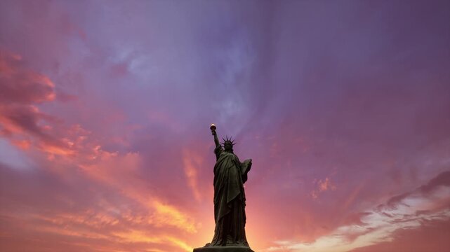 Iconic Statue of Liberty stands silhouetted against a vivid purple and pink sunset sky over New York. Perfect for patriotic, travel, tourism, and freedom themed content.