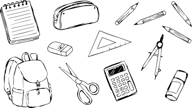 Back to school stationery outline icon set with pencil scissors ruler calculator and eraser