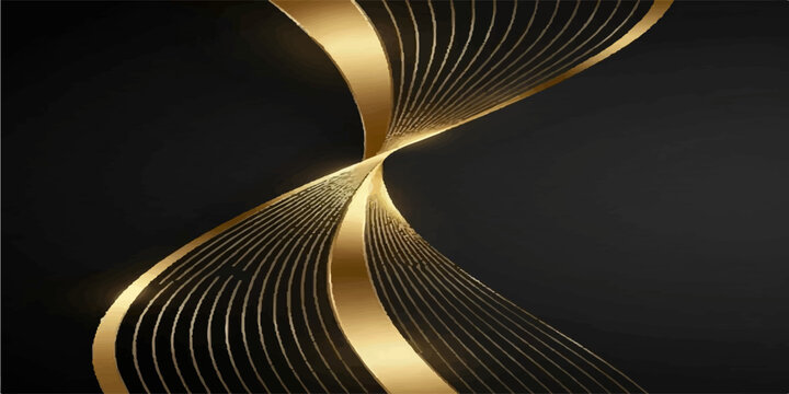 Futuristic dark mode presentation template with a vertical twisting 3D golden metallic ribbon and flowing luxury wave pinstripes