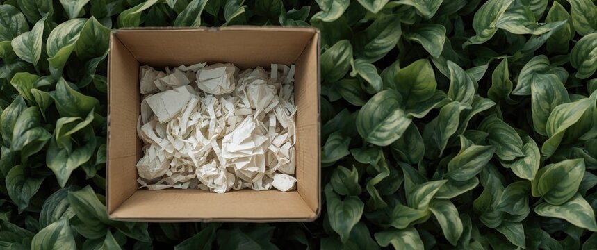 Birds eye perspective of an open cardboard container with paper stuffing surrounded by green leaves