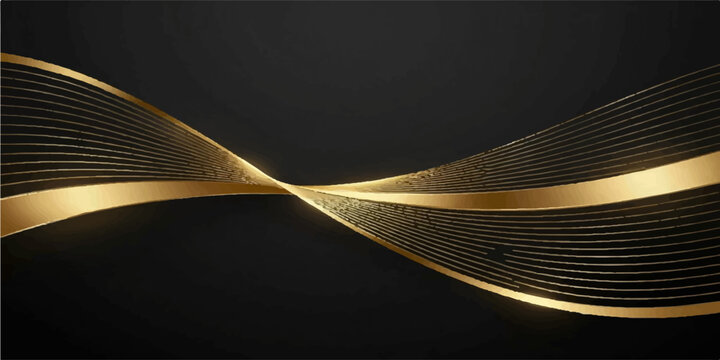 Futuristic dark mode presentation template with elegant gold wave pinstripes and smooth twisting 3D liquid metallic ribbons