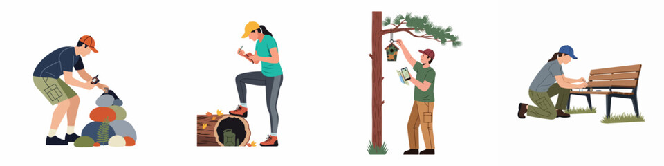 Set of people engaged in geocaching activities including finding hidden containers, using GPS devices, and signing logbooks in outdoor locations. © Aldi
