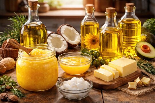 Assortment of cooking fats highlighting desi ghee pure clarified butter and healthy cooking oils
