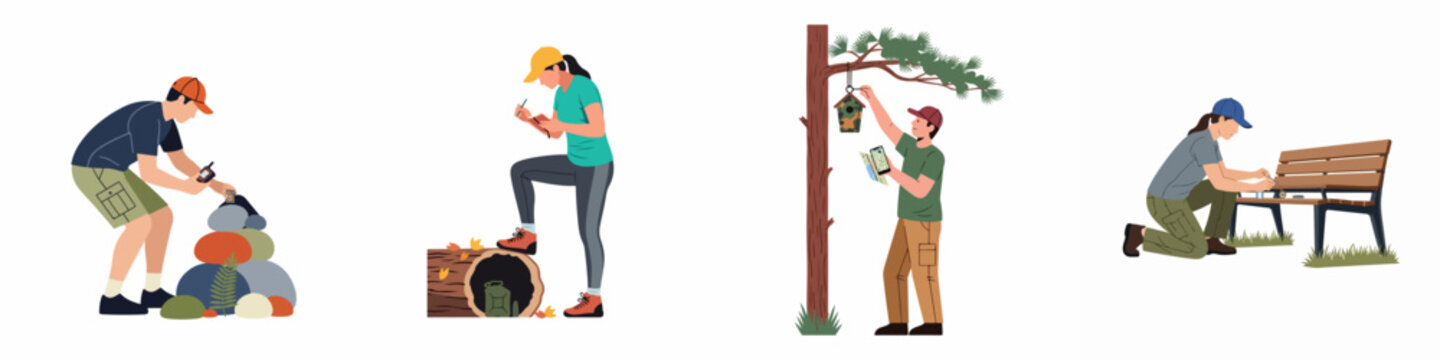 Set of people engaged in geocaching activities including finding hidden containers, using GPS devices, and signing logbooks in outdoor locations.
