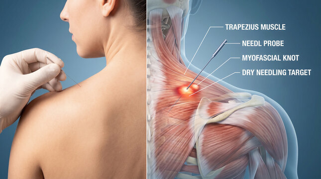 Dry needling therapy on trapezius muscle split view