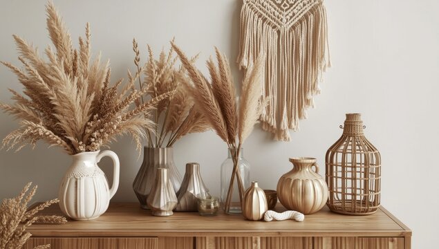 Beige boho inspired home decor arranging dried flowers and macrame accents on a wooden console with copy space