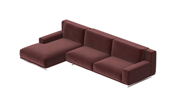 Modern Sectional Sofa with Chaise and Metal Base in Burgundy Velvet Isometric View on White Background